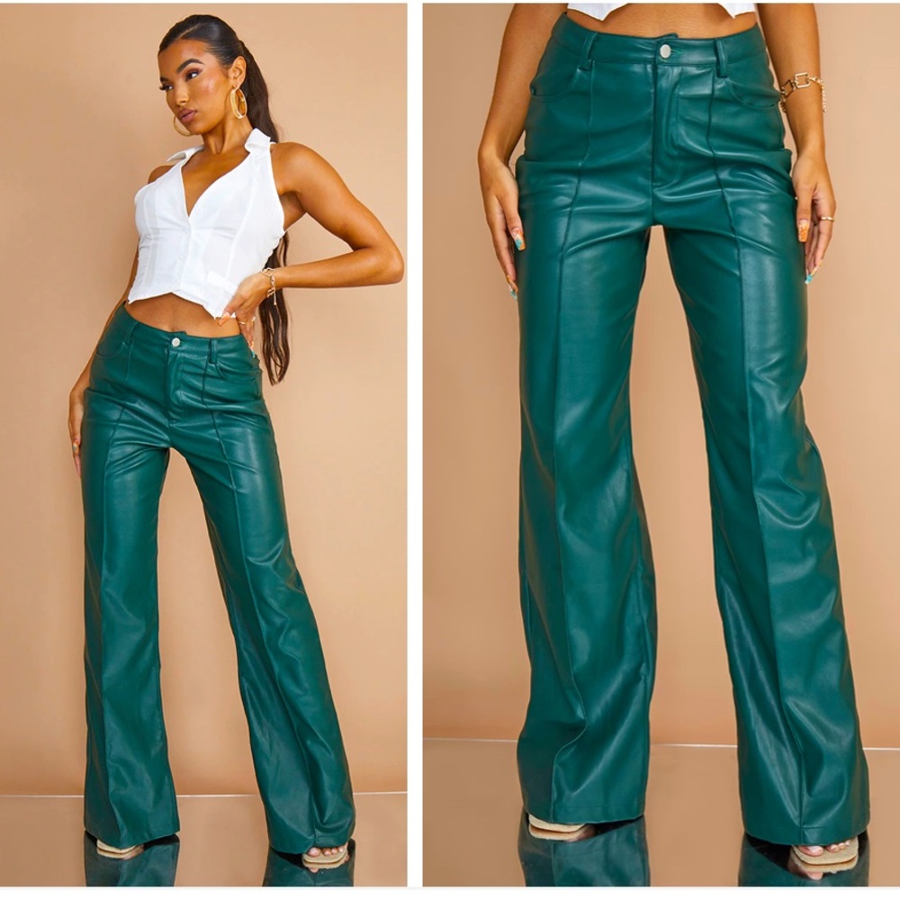 Dark green faux leather pants with line detailing
